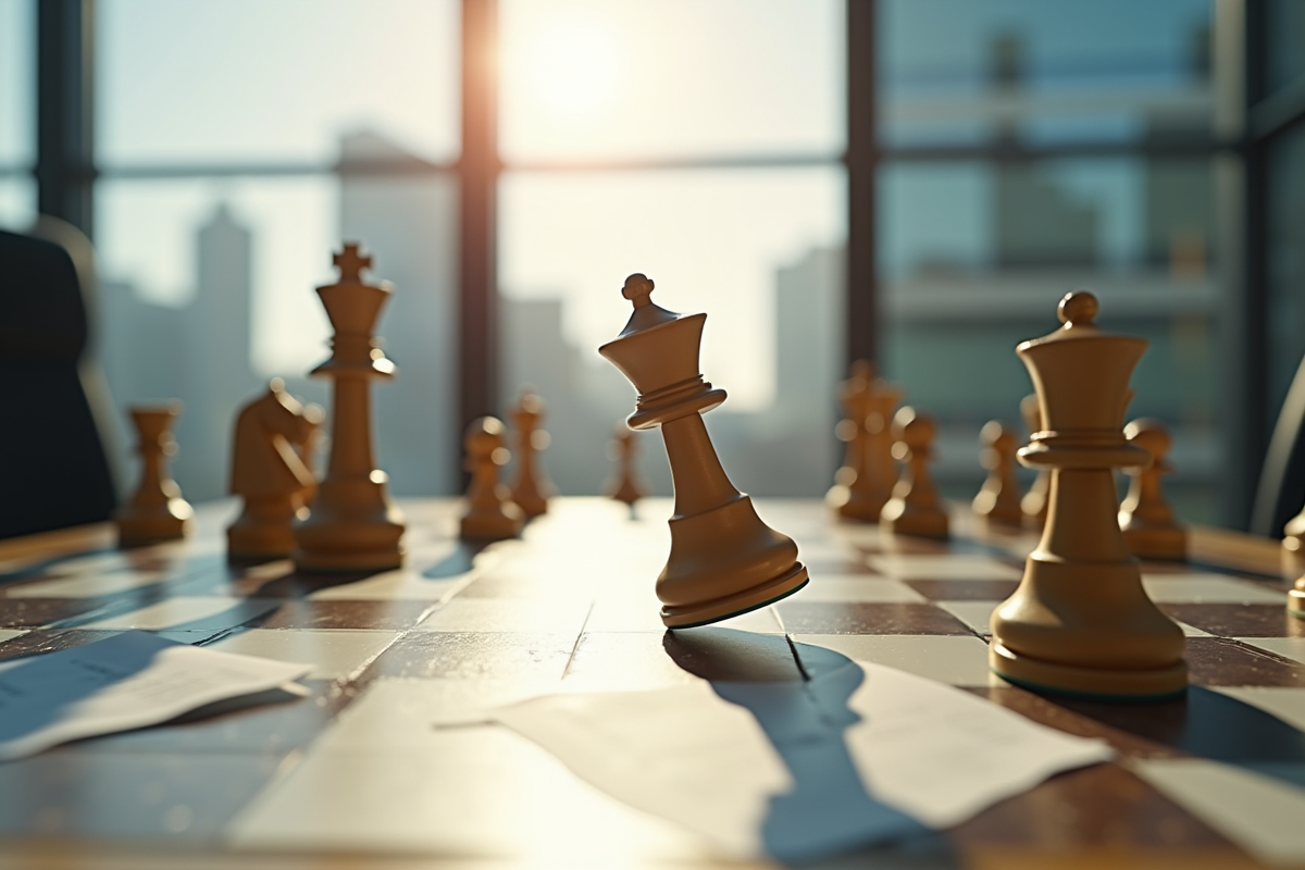 Echiquier d'entreprise avec roi renversé et pions avancés