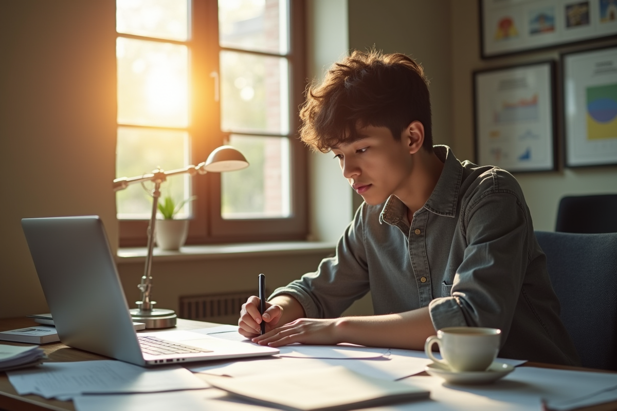 Jeune adulte travaillant sur des documents et ordinateur