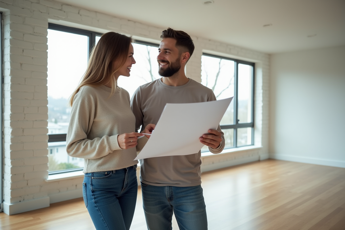 Jeune couple regardant des plans de maison dans un salon lumineux