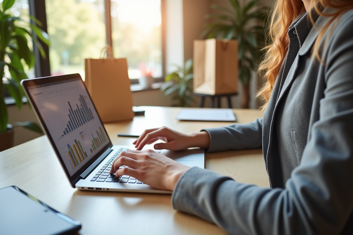 Jeune entrepreneur analysant ventes ecommerce sur un ordinateur moderne