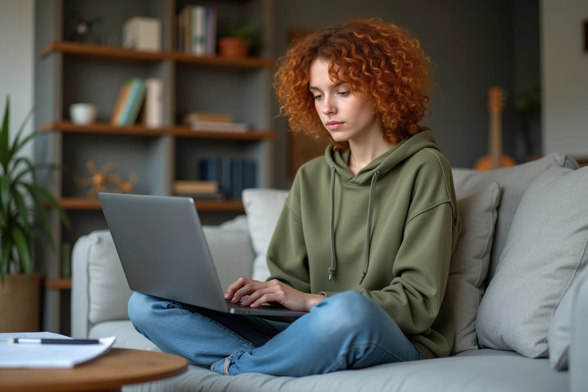 Jeune femme consultant le PDF du formulaire fiscal 2042 RICI sur un ordinateur portable dans son salon