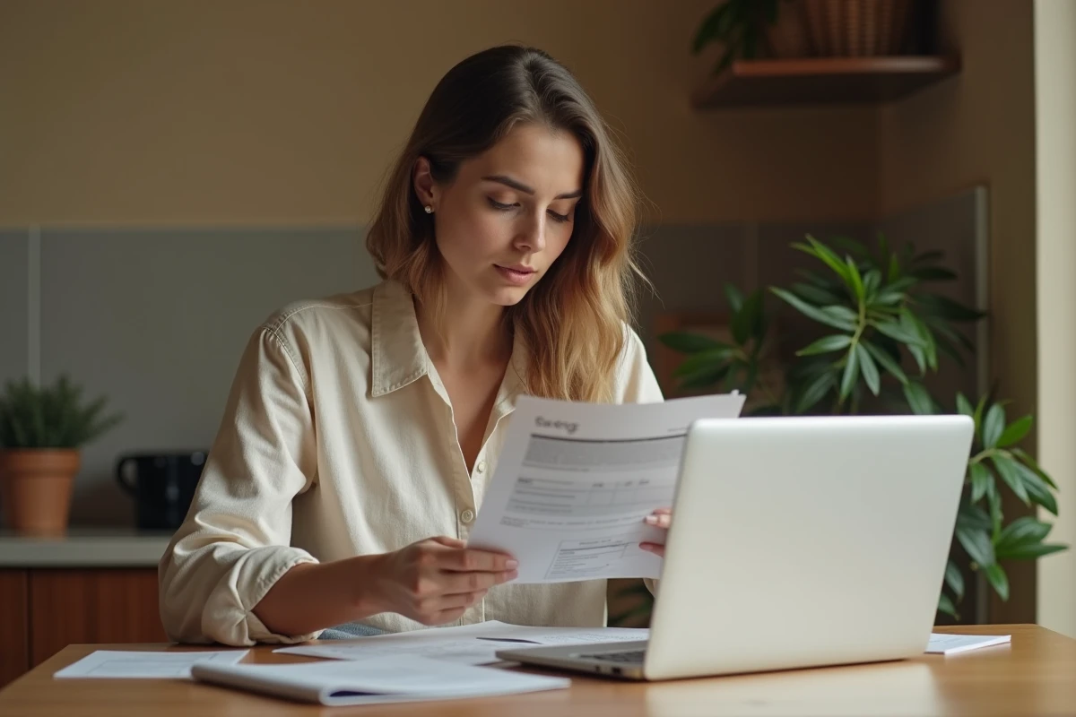 Jeune femme consultant un livret d'épargne LEL et des documents financiers pour son premier achat immobilier
