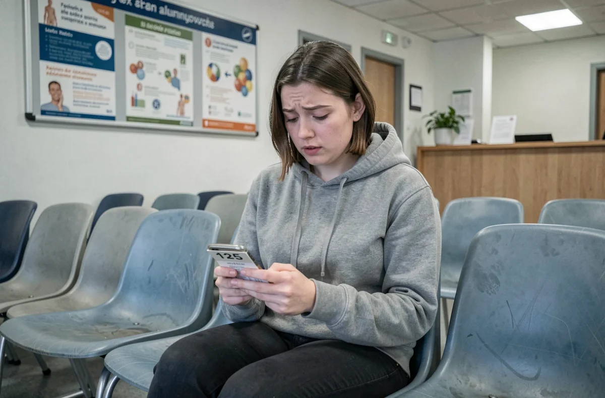 Jeune femme sans mutuelle qui attend dans une salle d'attente d'un centre de santé communautaire