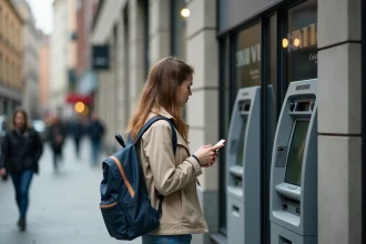 Jeune femme avec smartphone devant un distributeur automatique en ville