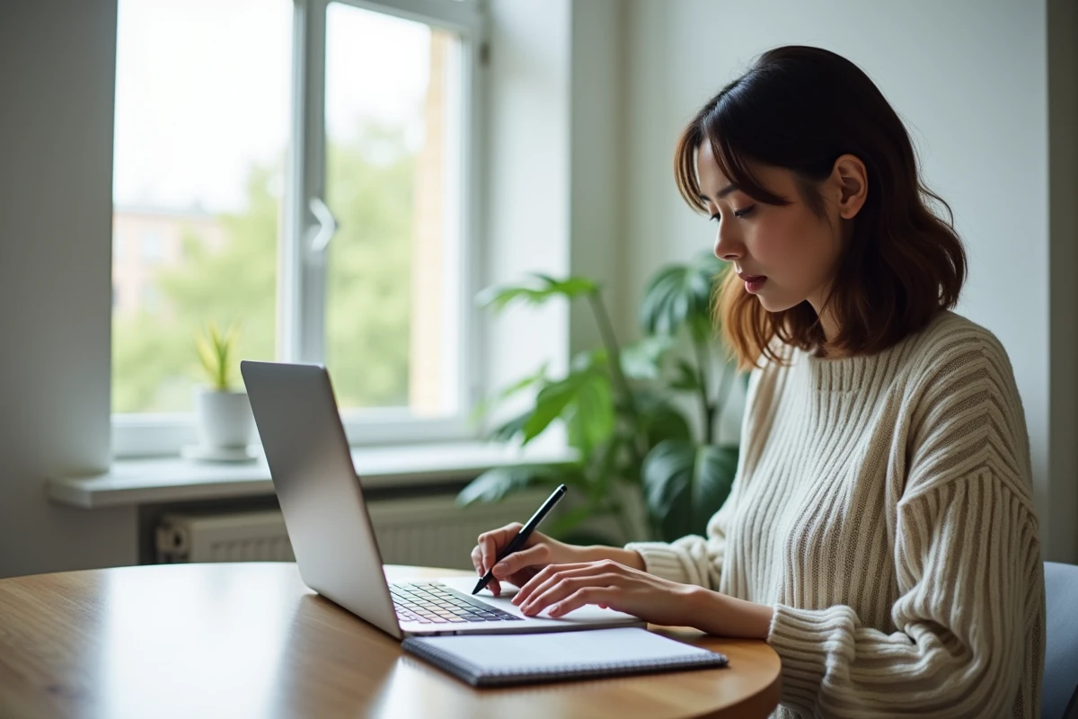 Jeune femme analysant des donn&eacute;es sur un ordinateur dans un appartement lumineux