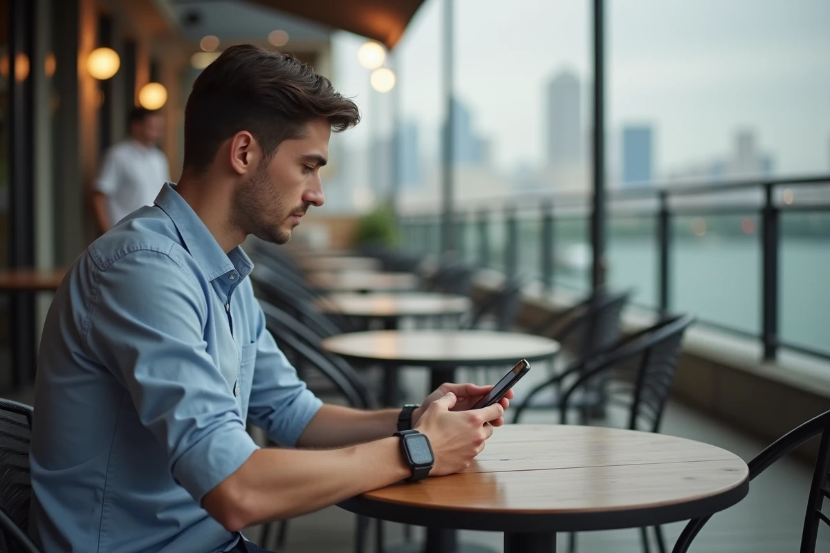 Jeune homme utilisant une application crypto sur son smartphone en extérieur