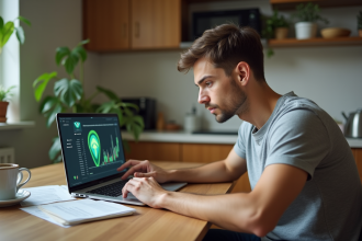 Jeune homme étudiant la cryptomonnaie et l'empreinte carbone