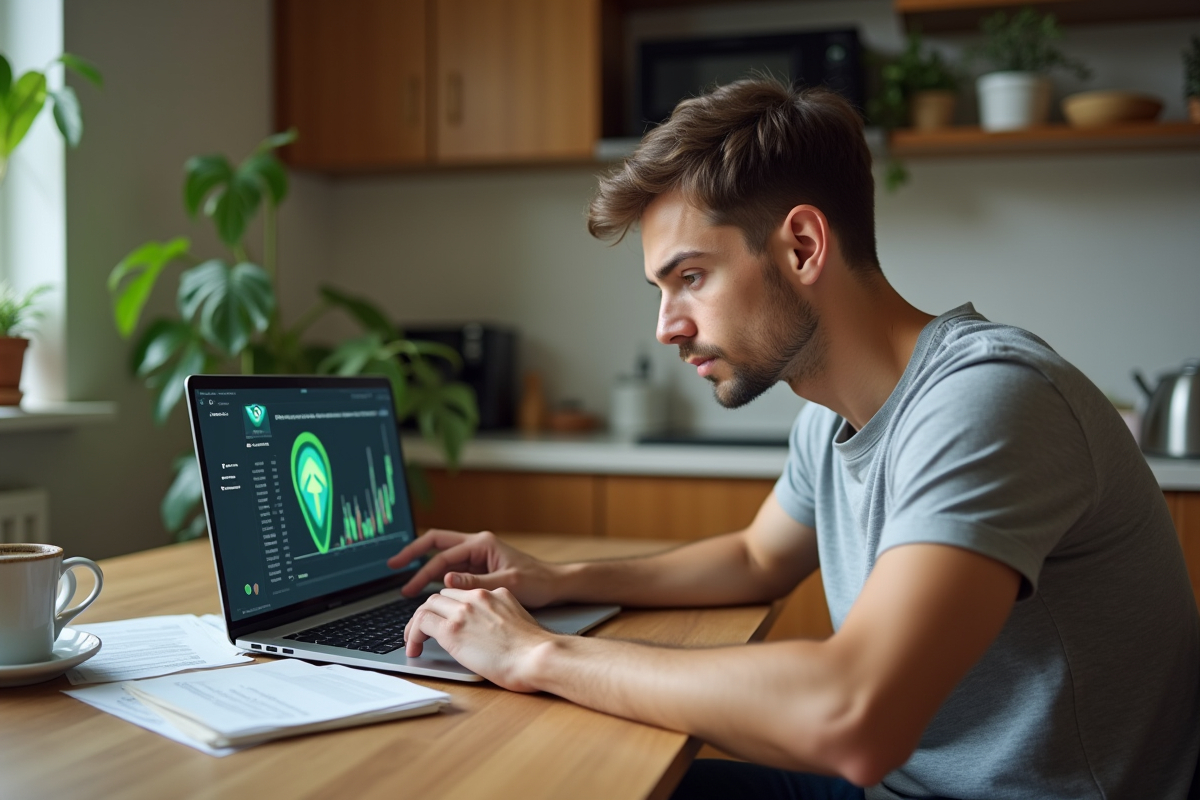 Jeune homme étudiant la cryptomonnaie et l'empreinte carbone