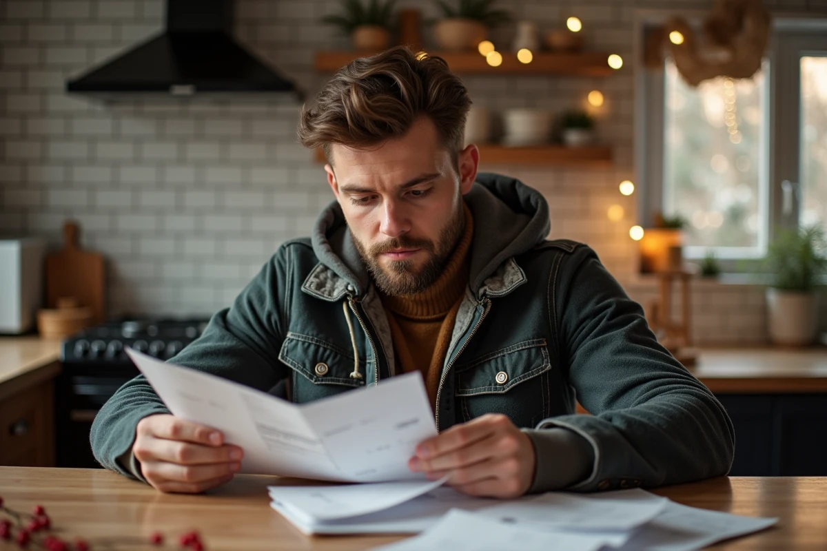 Jeune homme examine re&ccedil;us et cadeaux dans une cuisine chaleureuse