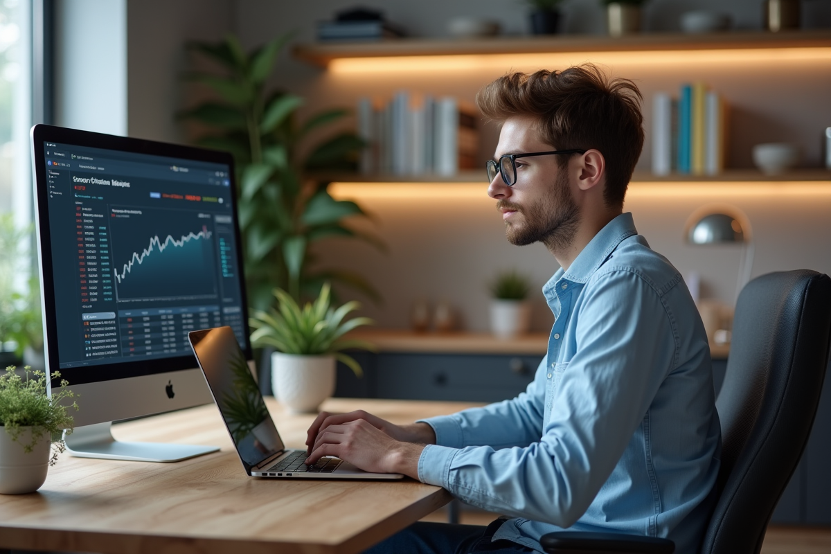 Jeune homme concentré sur son ordinateur pour surveiller une transaction Ethereum