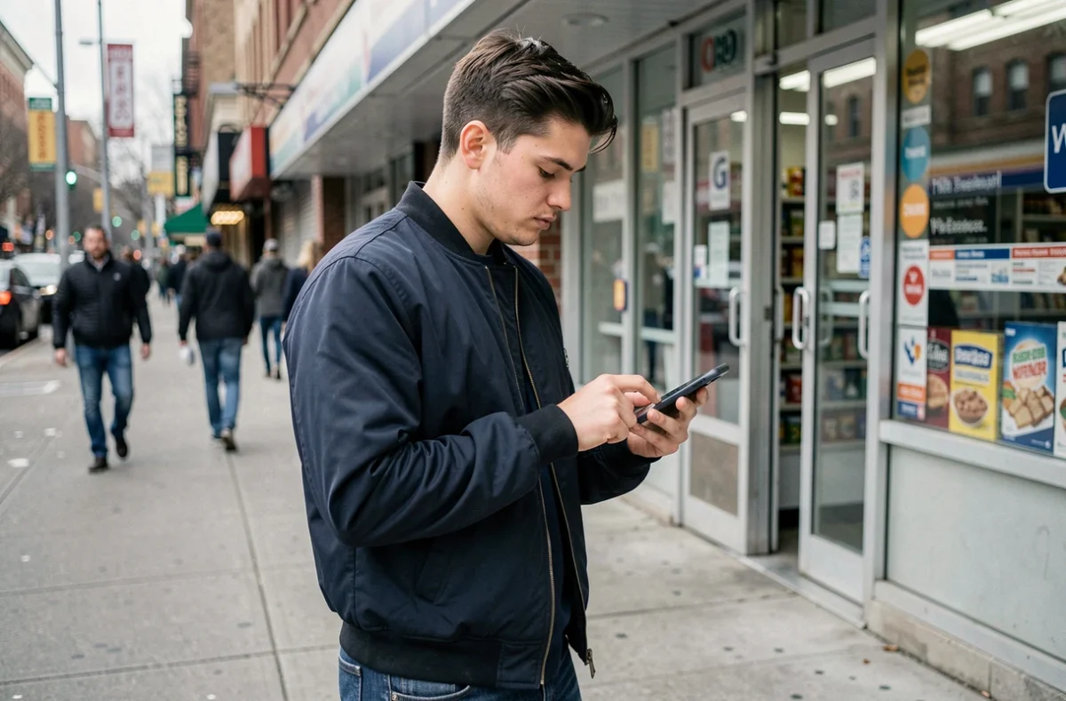 Jeune homme gérant son crédit de carte prépayée mobile sur son smartphone devant une boutique en ville
