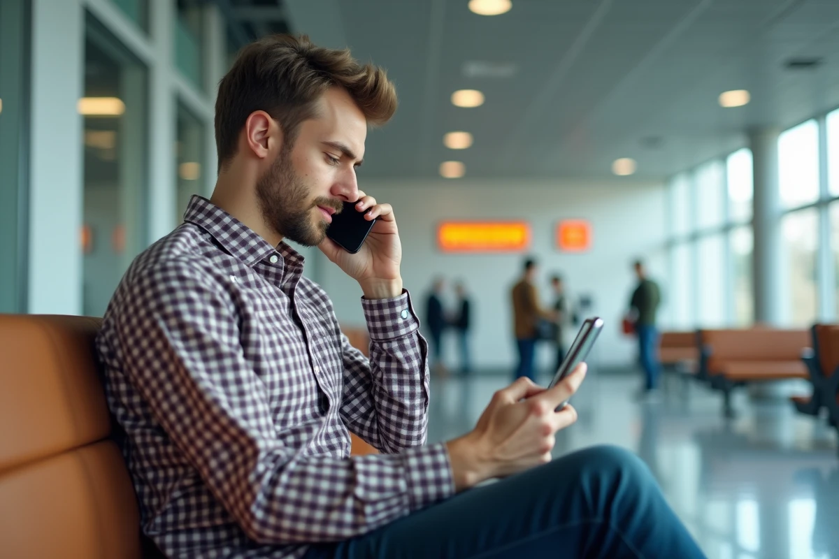 Jeune homme parlant au téléphone dans un espace public moderne