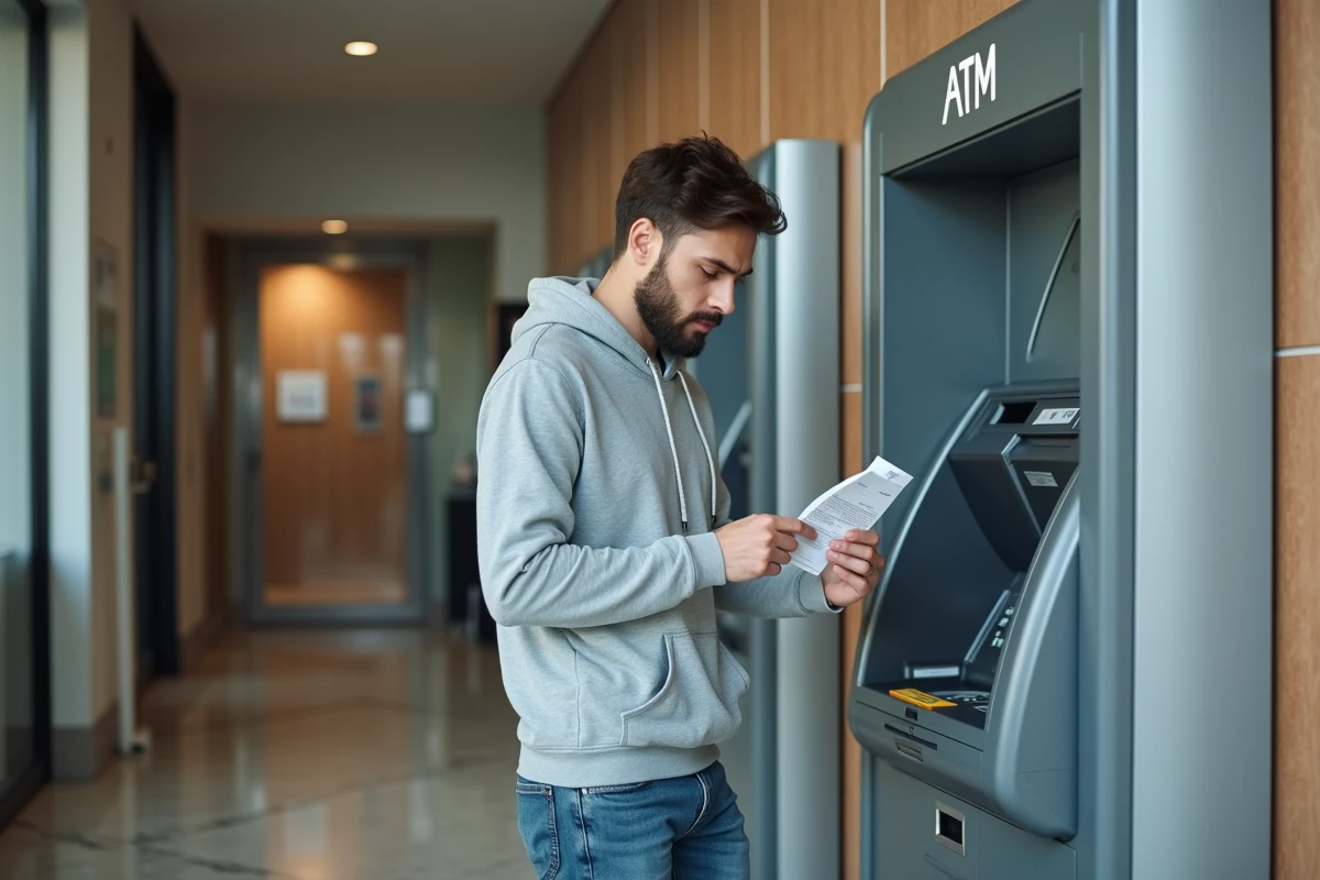 Jeune homme v&eacute;rifiant son re&ccedil;u ATM en int&eacute;rieur