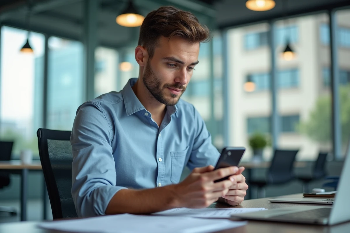 Jeune homme utilisant une application bancaire sur son smartphone au bureau