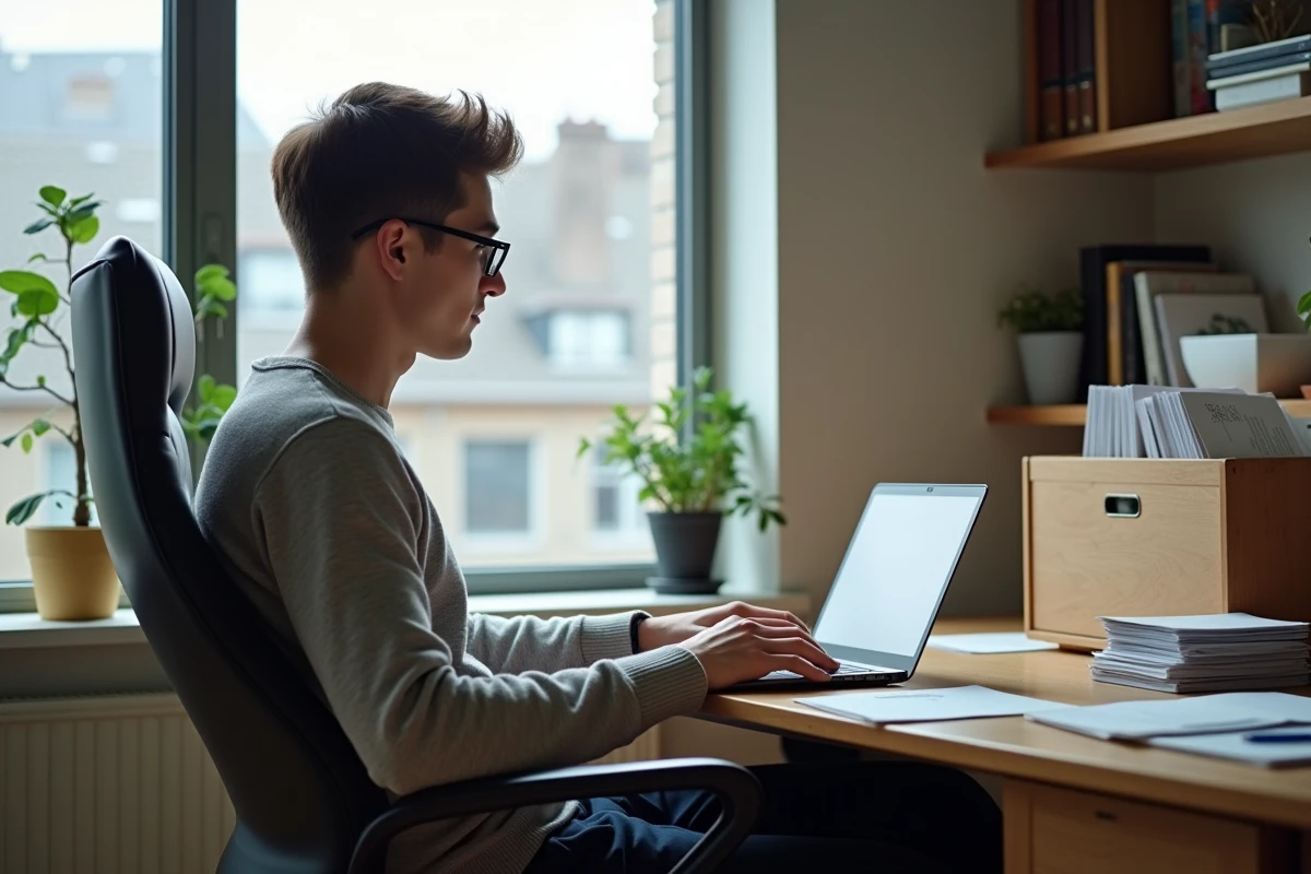 Jeune homme v&eacute;rifiant ses relev&eacute;s bancaires sur un ordinateur portable