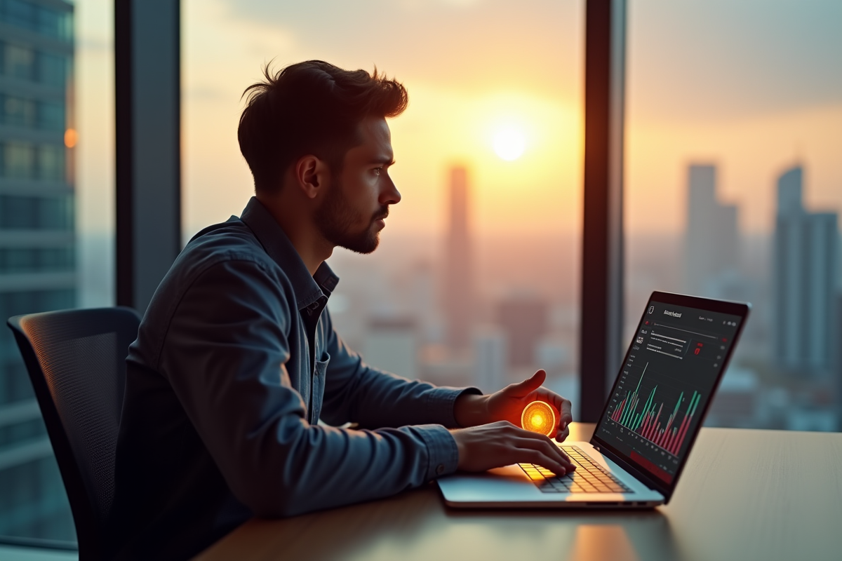 Jeune investisseur analysant des graphiques de cryptomonnaies au bureau