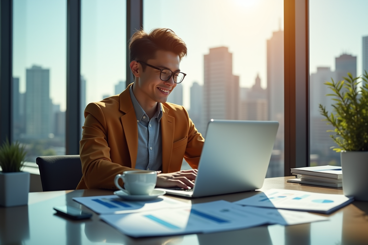 Jeune professionnel confiant travaillant sur un ordinateur dans un bureau lumineux