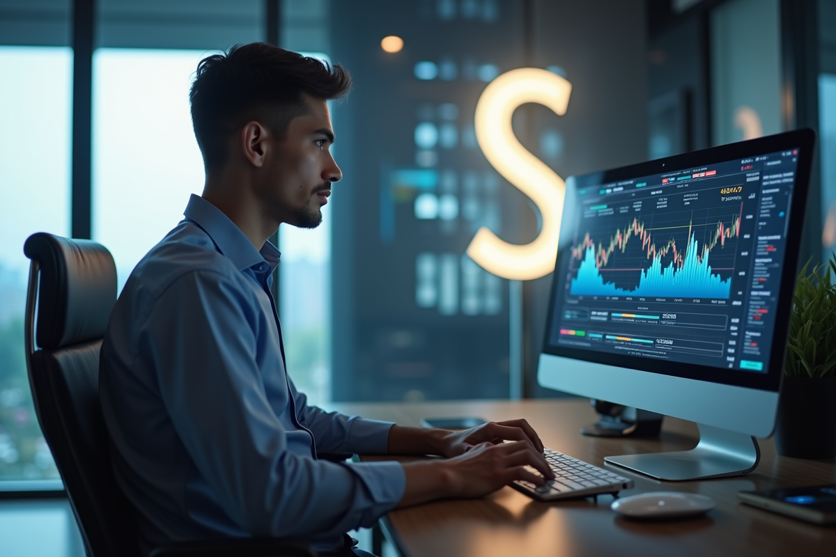 Jeune professionnel analysant des graphiques financiers dans un bureau lumineux