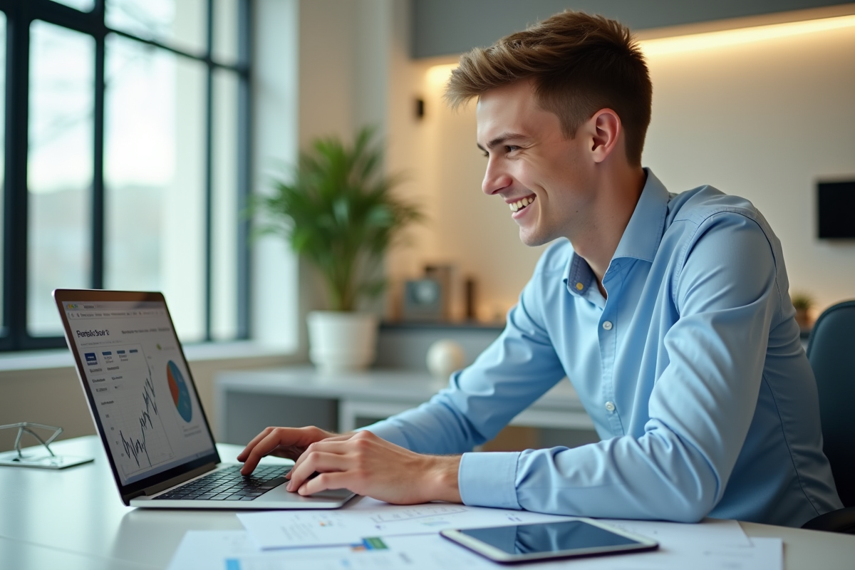Jeune professionnel souriant utilisant un ordinateur pour gérer ses finances