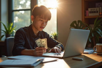 Jeune personne au bureau avec ordinateur et billet de cinq dollars