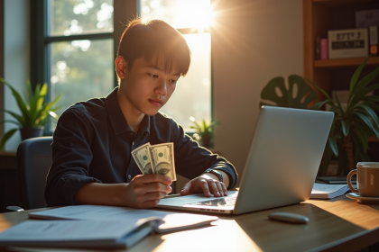 Jeune personne au bureau avec ordinateur et billet de cinq dollars