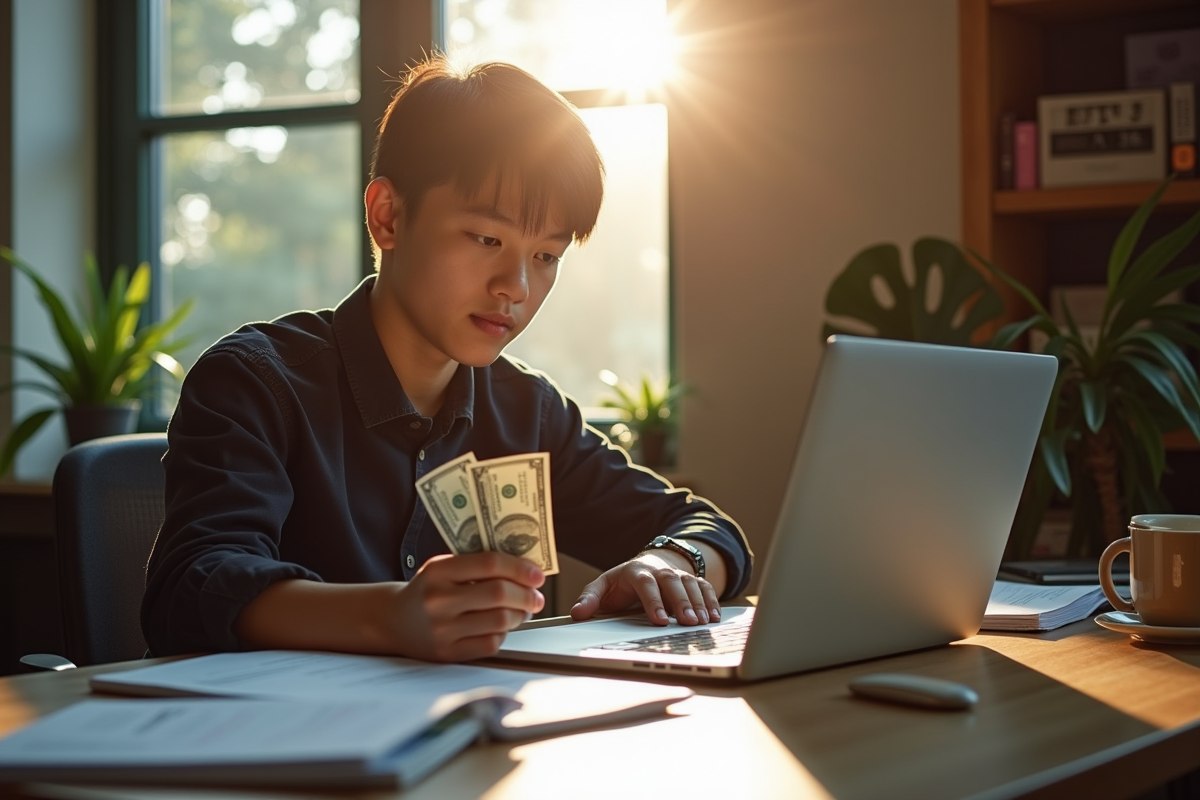 Jeune personne au bureau avec ordinateur et billet de cinq dollars
