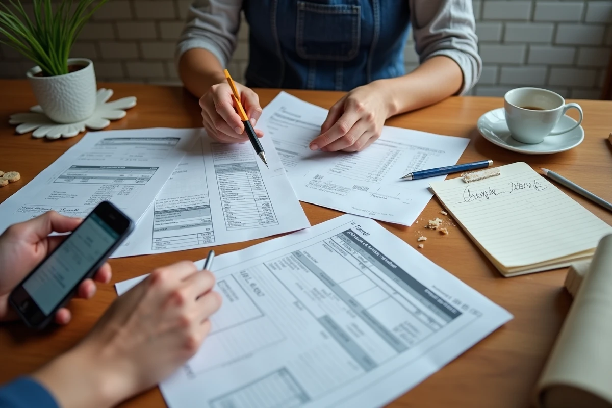 Mains triant des justificatifs de taxe foncière et un avis d'imposition sur une table de cuisine pour déclaration foncière