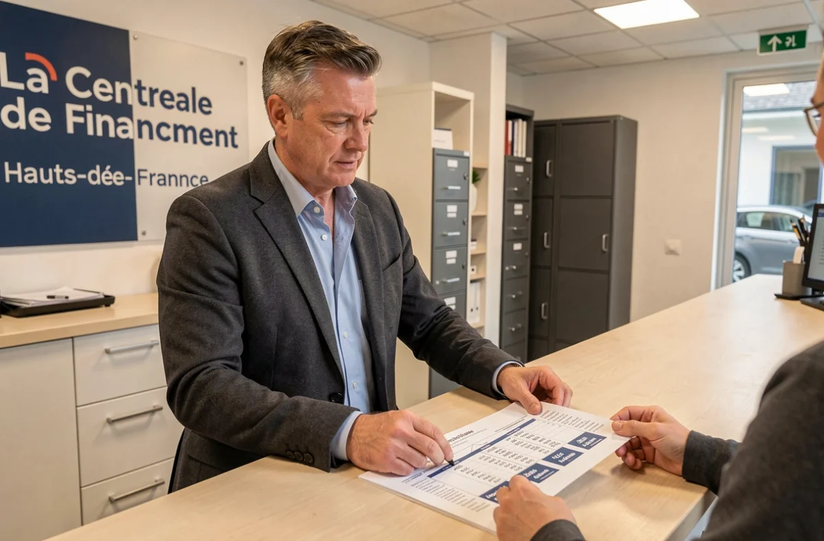 Consultant La Centrale de Financement en Hauts-de-France analysant des offres de prêt immobilier avec un client