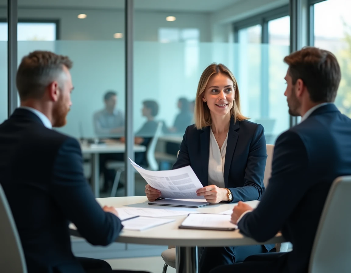 Conseillère de LCS Conseil présentant un bilan patrimonial à un client dans un bureau moderne près de Clermont-Ferrand