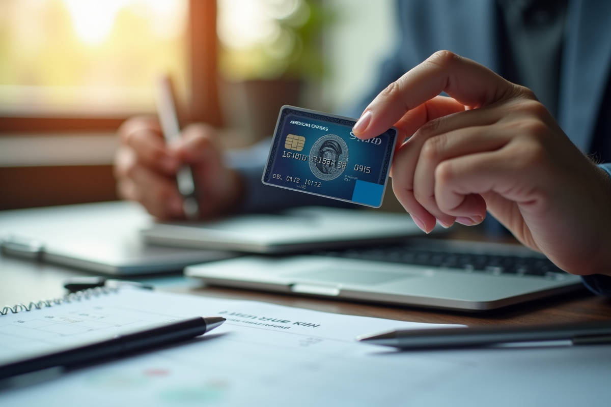Main avec carte American Express sur un bureau lumineux