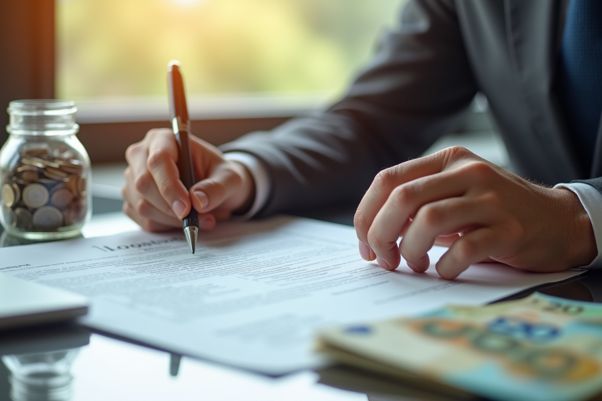 Mains tenant un contrat de prêt avec des billets et pièces d