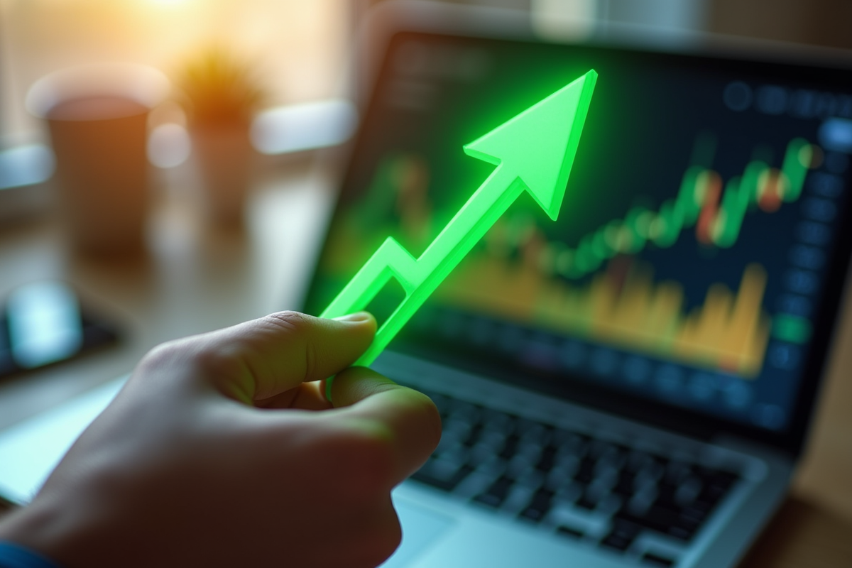 Main tenant une flèche verte pointant vers le haut avec graphique boursier en arrière-plan