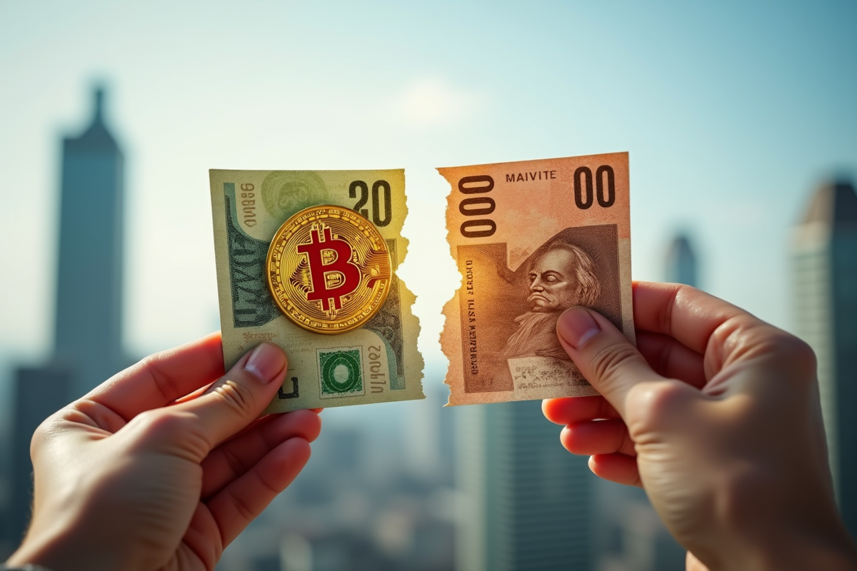 Mains tenant un papier déchiré avec symbole Bitcoin et billets