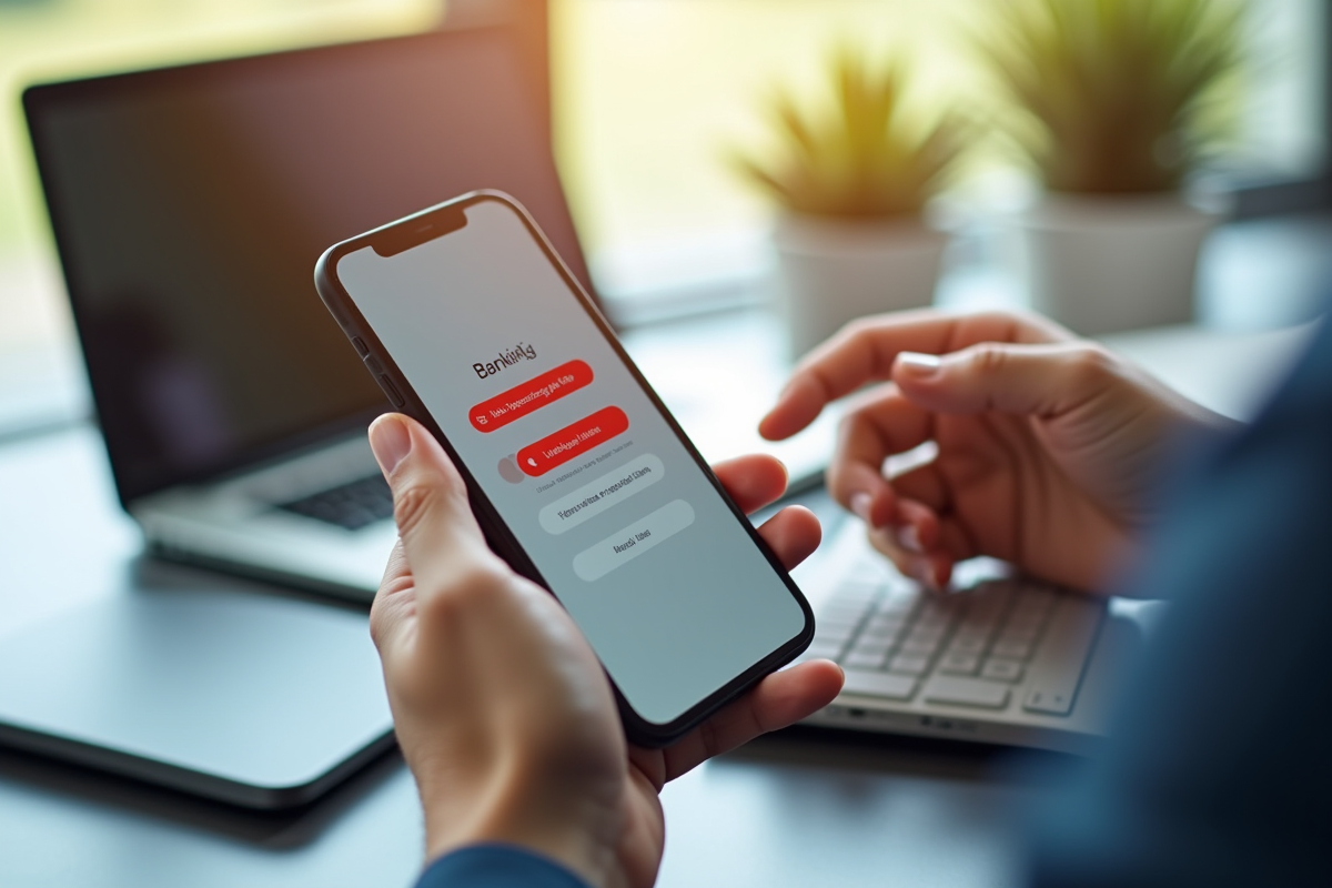 Mains tenant un smartphone avec application bancaire et frais inattendus