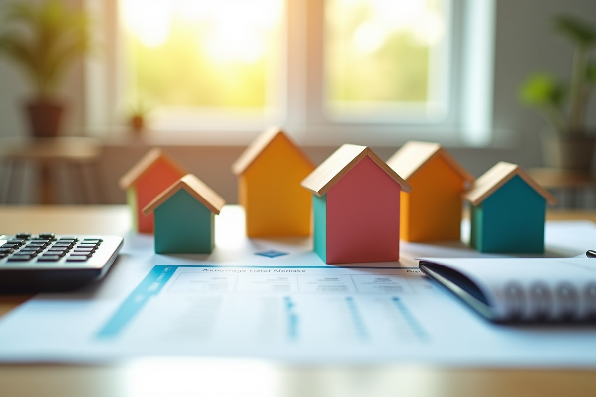 Maisons miniatures et blocs en bois avec documents de prêt immobilier