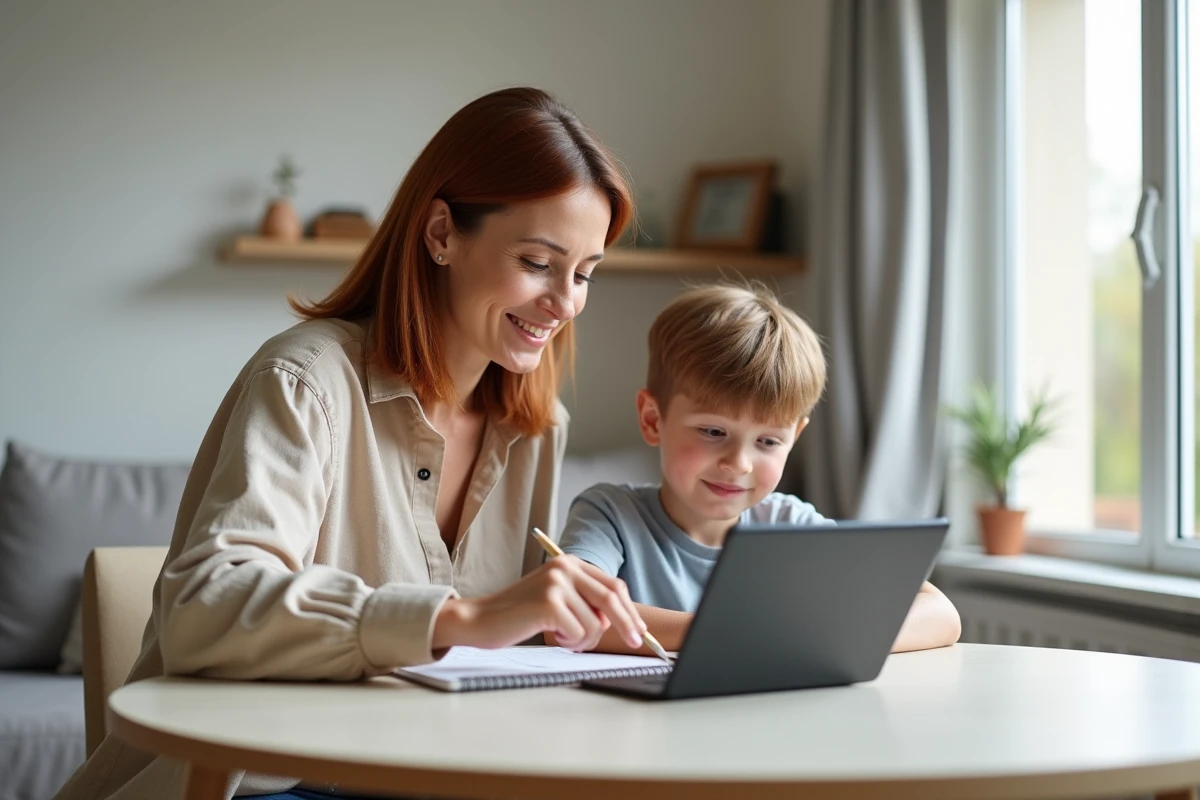 Mère aidant son fils à faire ses devoirs avec une tablette numérique dans le salon familial