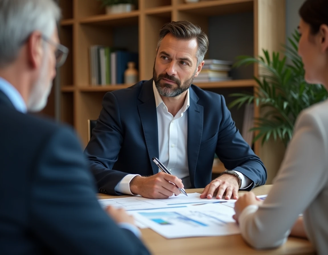 Conseiller MGA en gestion de patrimoine à Cournon-d'Auvergne consultant un couple avec des documents financiers