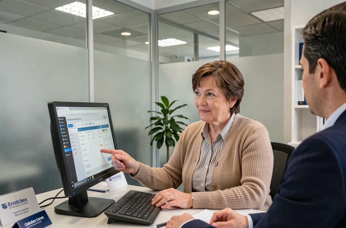 Cliente vérifiant la mise à jour de son compte Caisse d'Epargne avec un conseiller en agence bancaire
