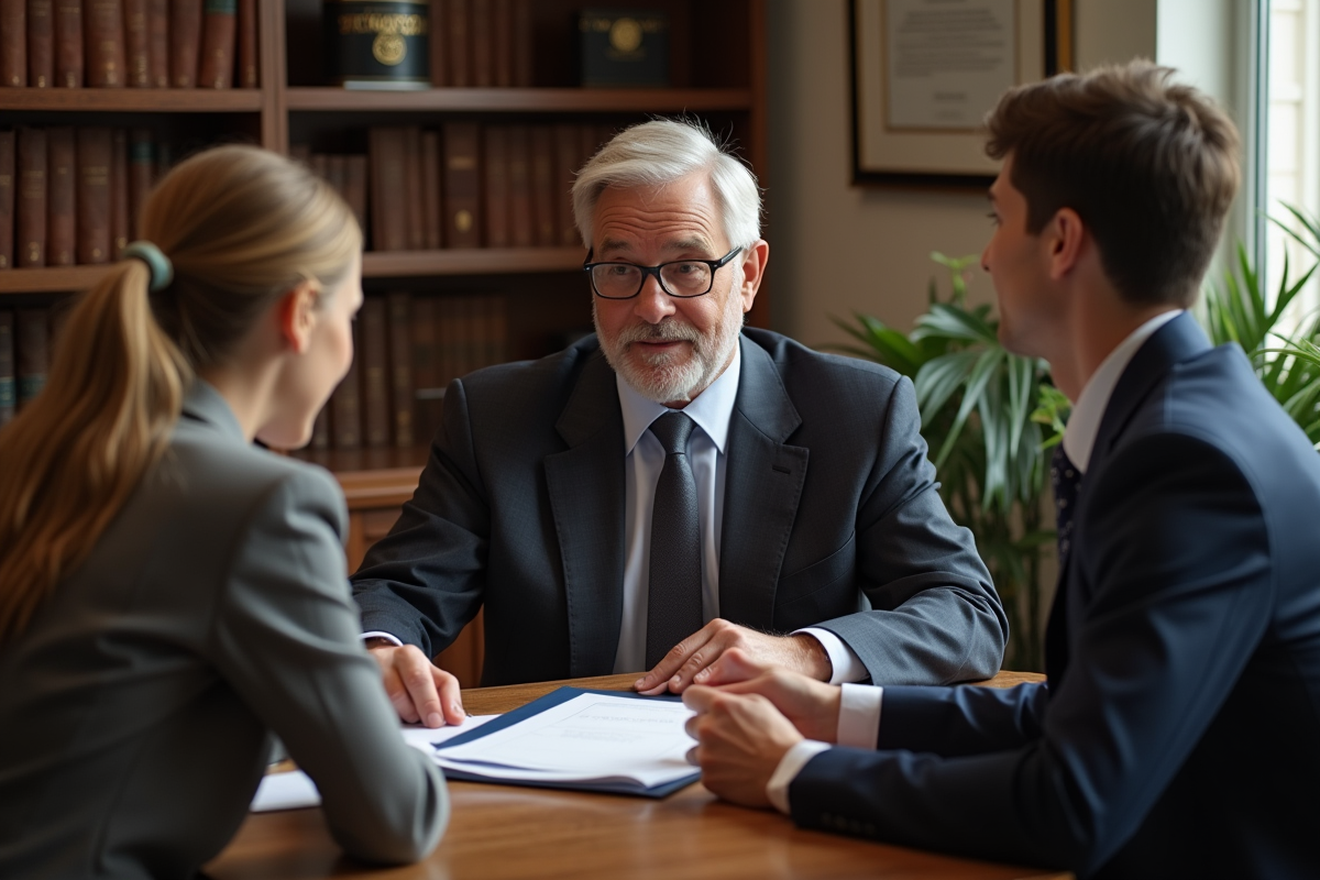 Notaire en costume remet un dossier à un couple dans un bureau professionnel