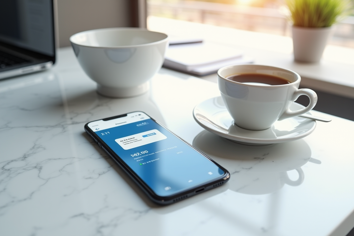 Notification bancaire sur smartphone avec café et documents