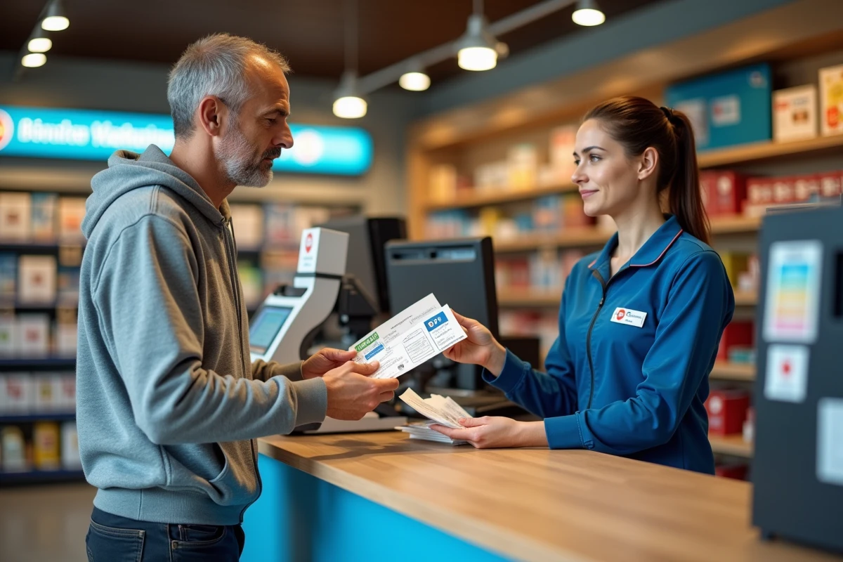 Client remettant des chèques vacances à une caissière dans une station-service française