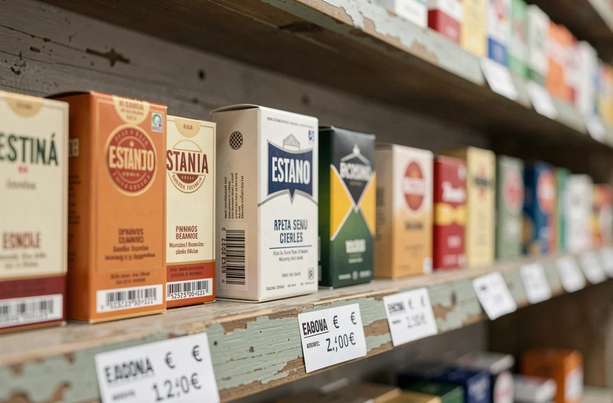 Paquets de cigarettes et tabac à rouler exposés avec leurs étiquettes de prix en euros dans un bureau de tabac espagnol, évoquant la hausse des prix du tabac en 2025 et 2026