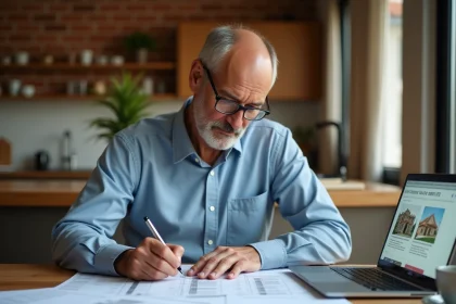 Particulier remplissant le formulaire H1 d'impôt pour une construction neuve, entouré de documents fiscaux et de plans d'architecte sur une table en bois