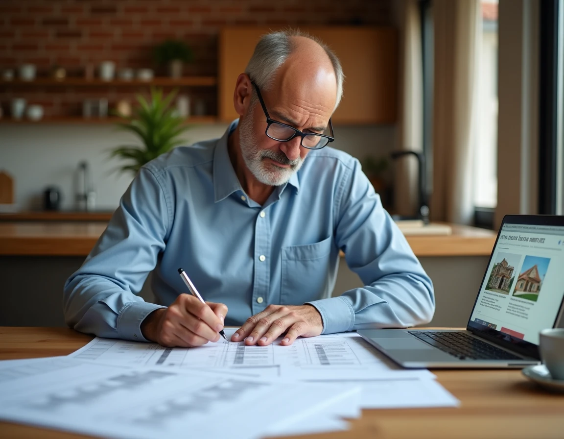 Particulier remplissant le formulaire H1 d'impôt pour une construction neuve, entouré de documents fiscaux et de plans d'architecte sur une table en bois
