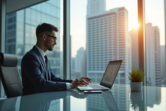 Personne d'affaires confiante dans un bureau moderne analysant des graphiques financiers