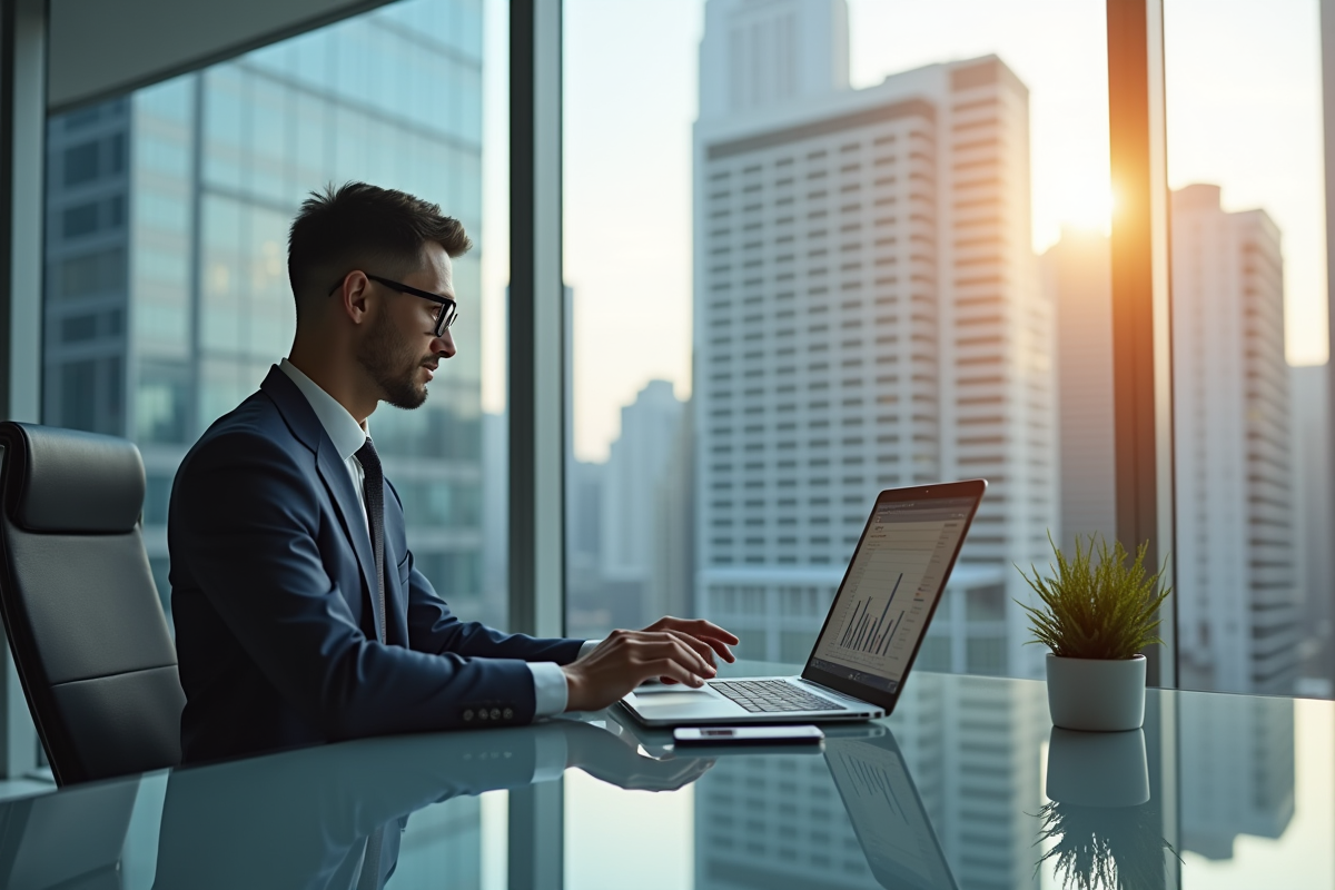 Personne d'affaires confiante dans un bureau moderne analysant des graphiques financiers