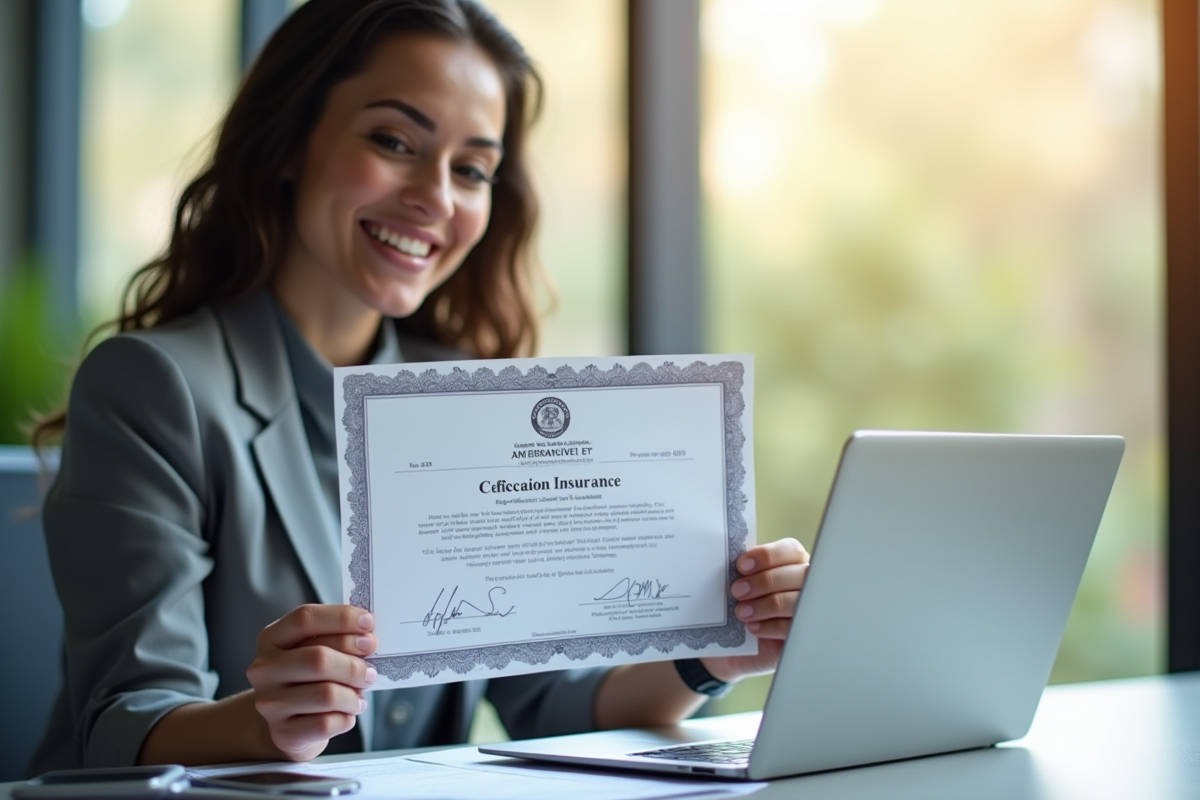 Personne tenant un certificat d'assurance au bureau lumineux
