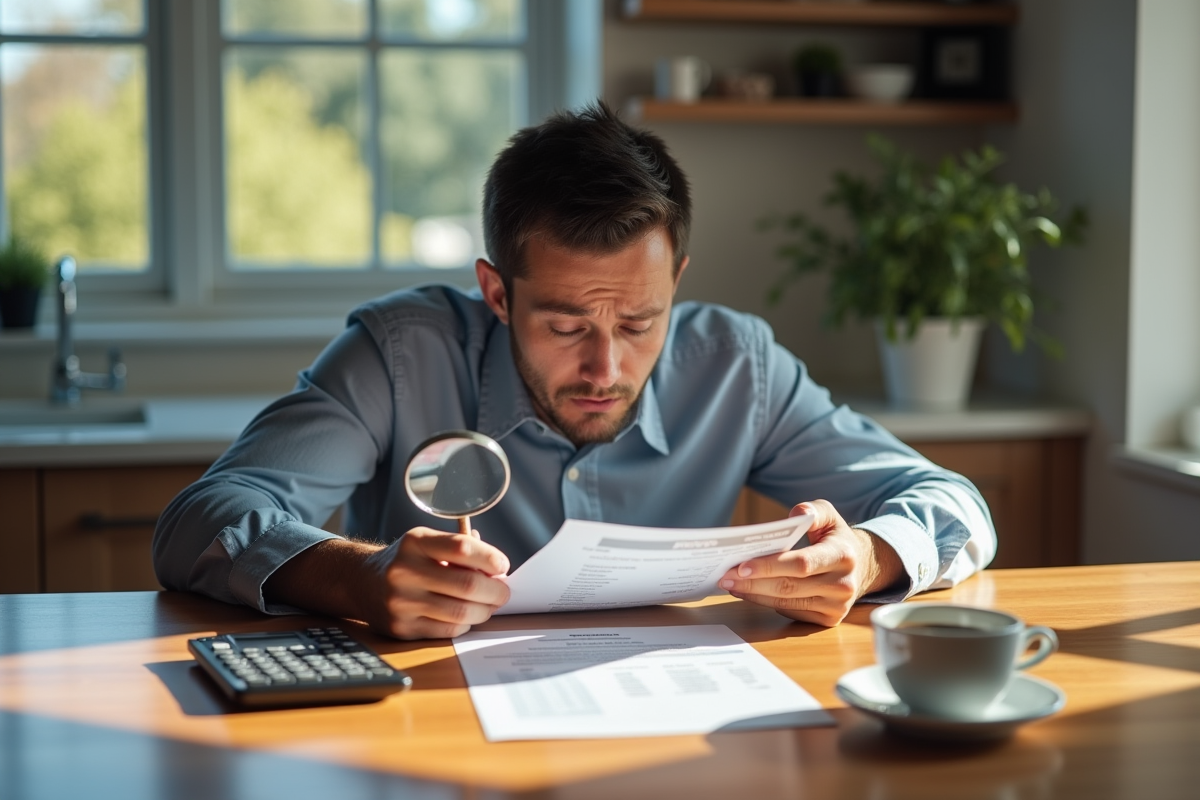 Personne inquiète analysant un relevé bancaire à la maison