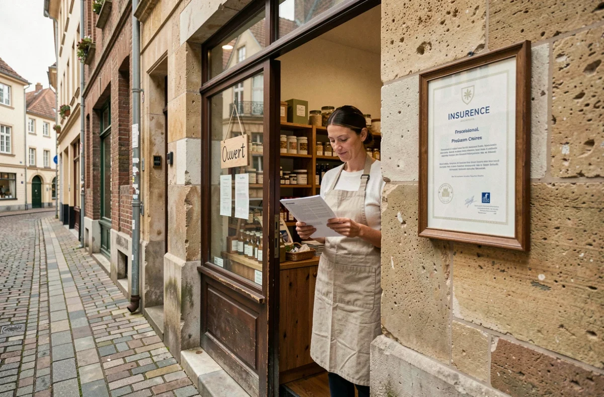 Propriétaire d'une petite entreprise vérifiant son attestation d'assurance responsabilité civile devant sa boutique