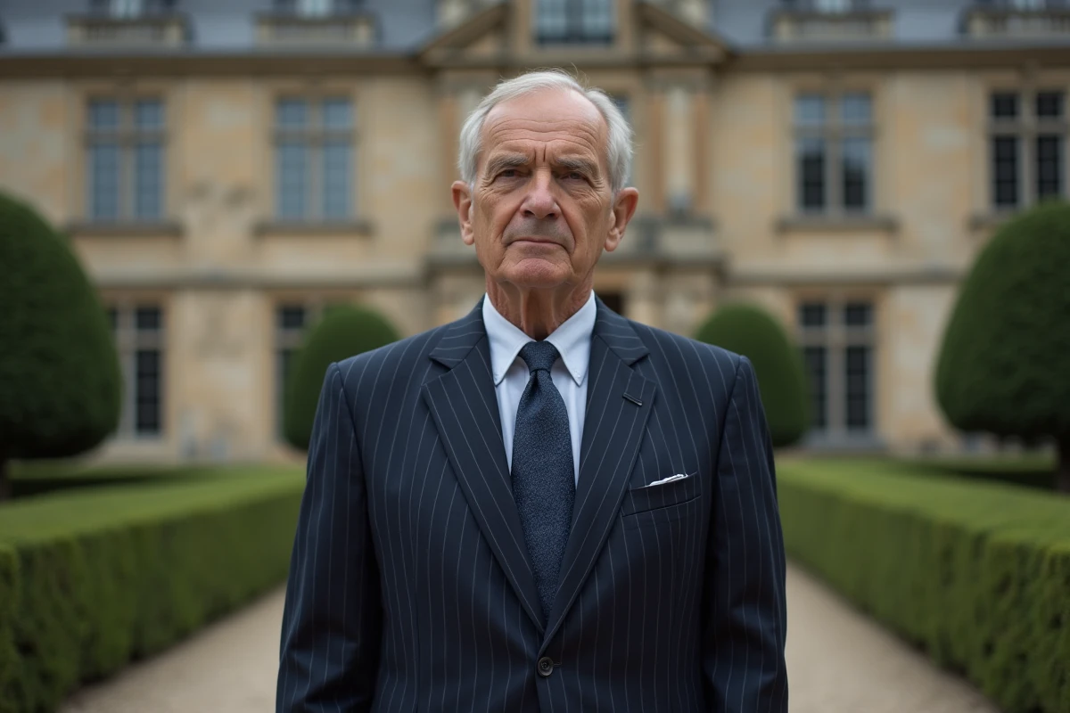 Portrait de Philippe de Villiers en costume devant un château français, évoquant sa fortune et son patrimoine immobilier